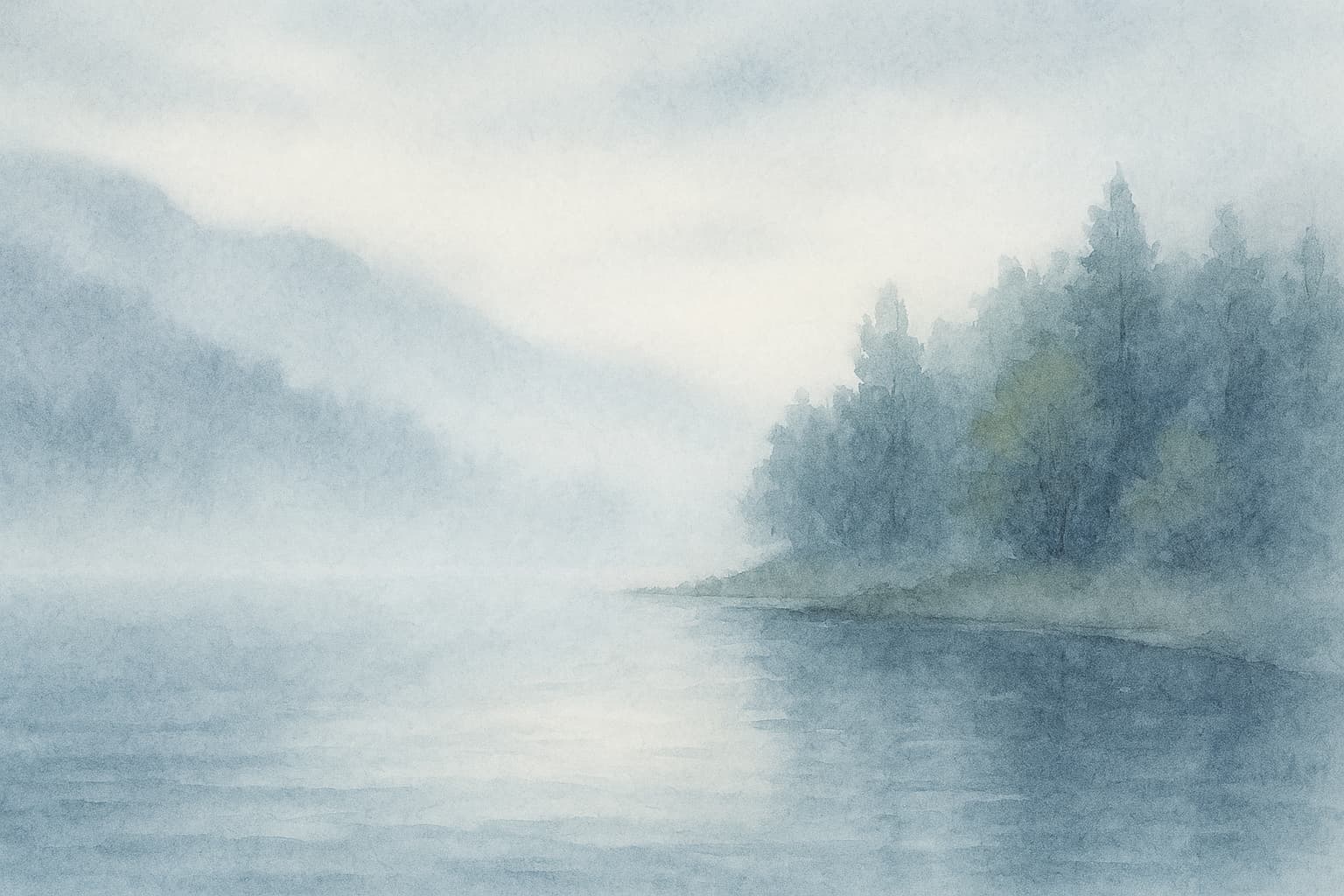 不安や迷いの比喩として霧のかかった湖畔のイラスト